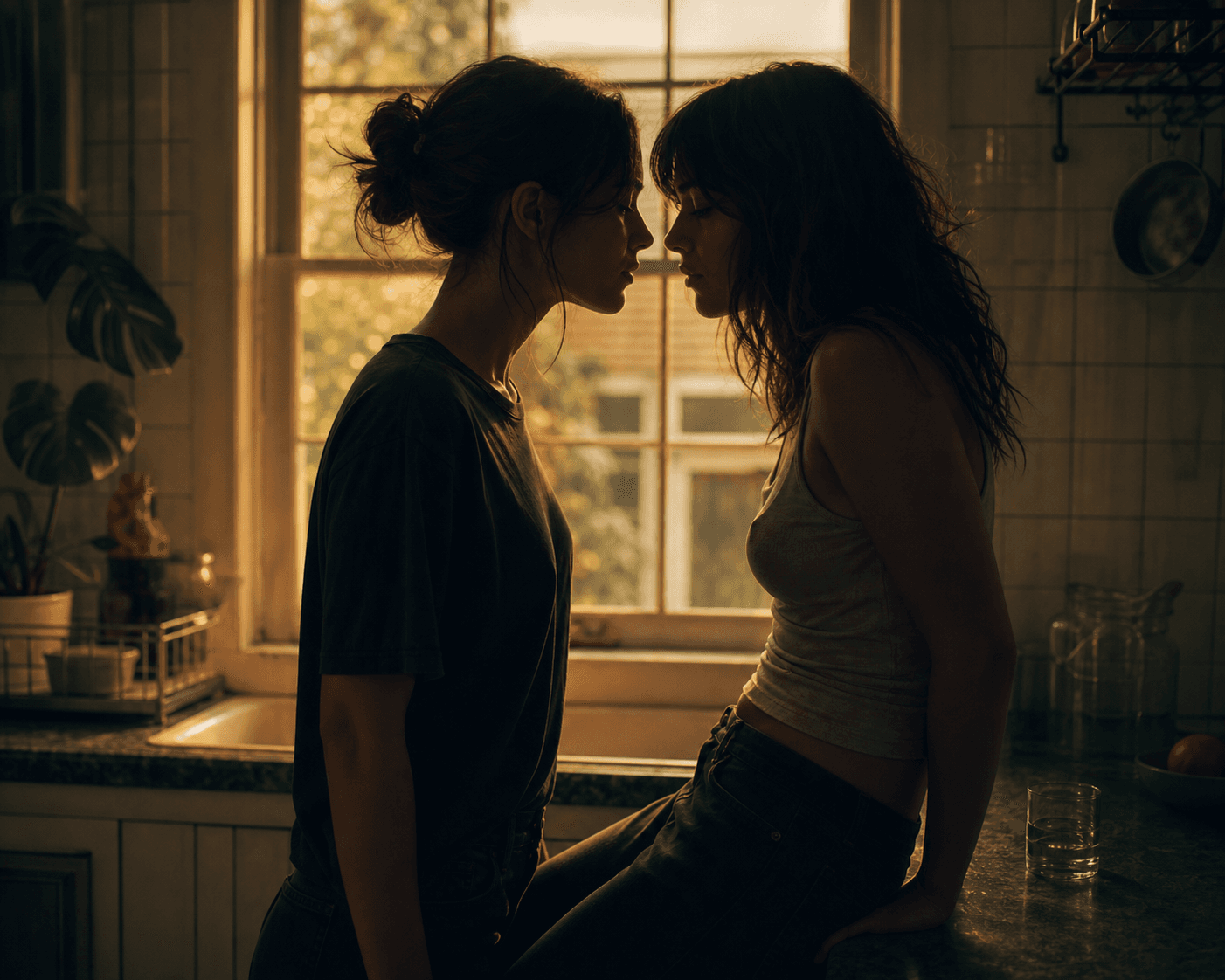 Two women standing close in a warm kitchen