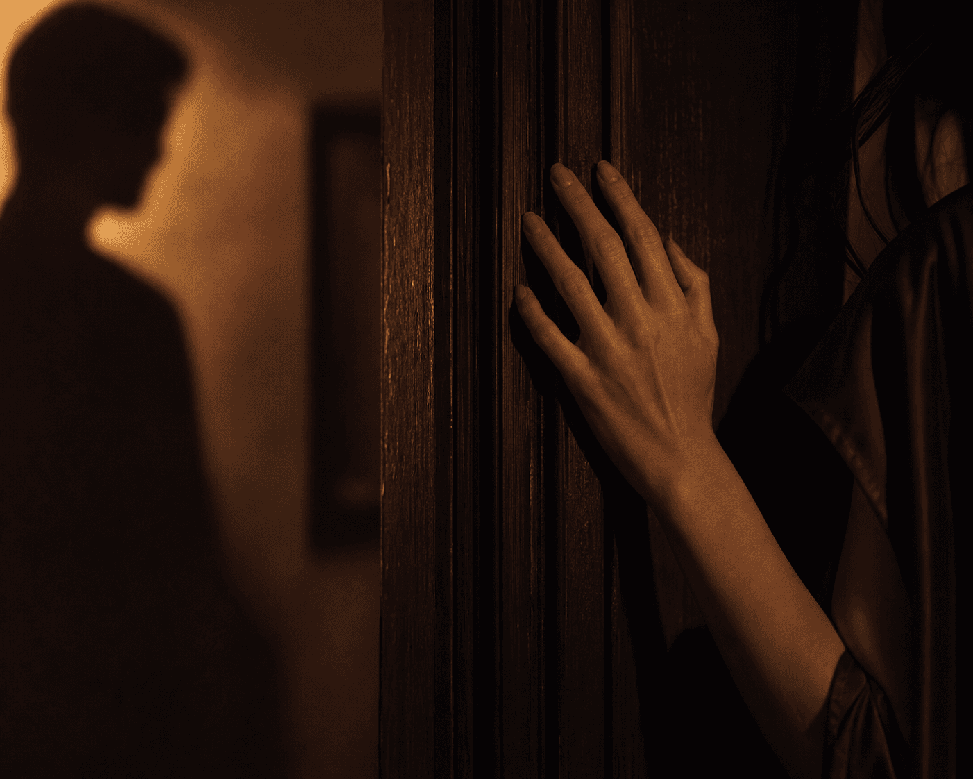 A hand on a dark doorframe with a shadow in warm light