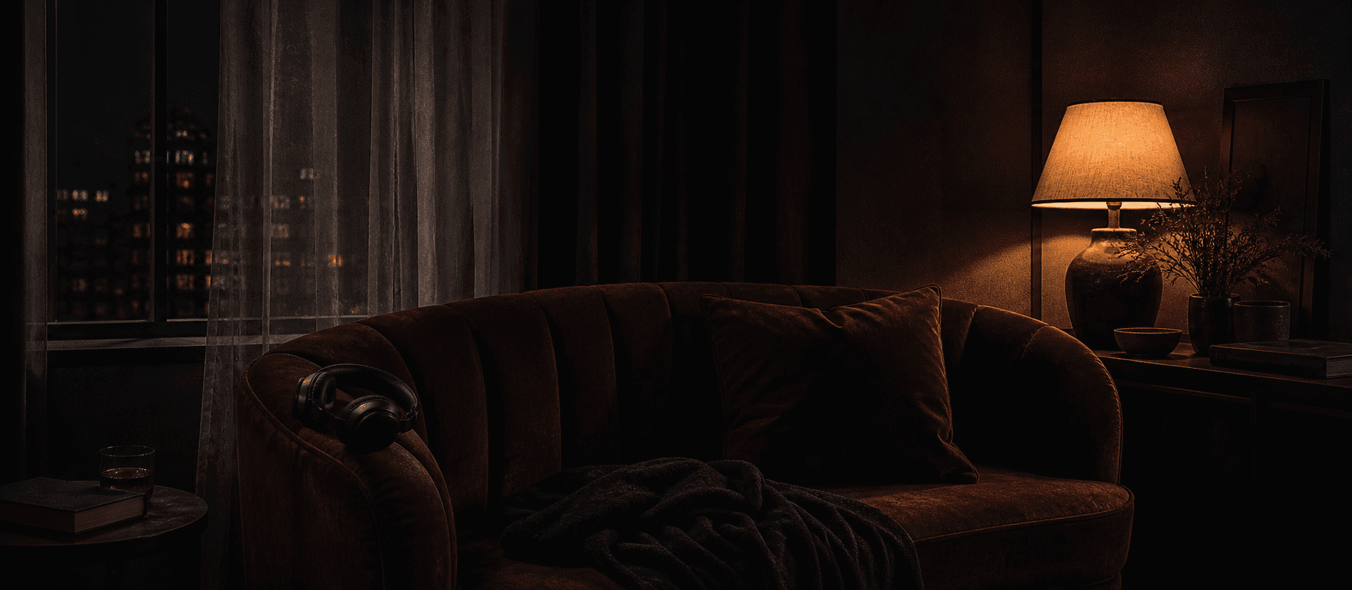 A dark room with a burgundy chair, headphones, and a lamp